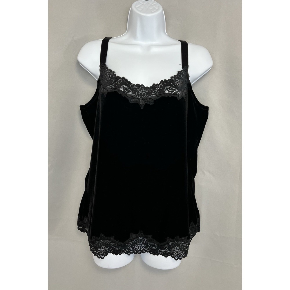 VTG Coldwater Creek Medium Black‎ Velvet Tank Blouse with Lace Detailing Y2K